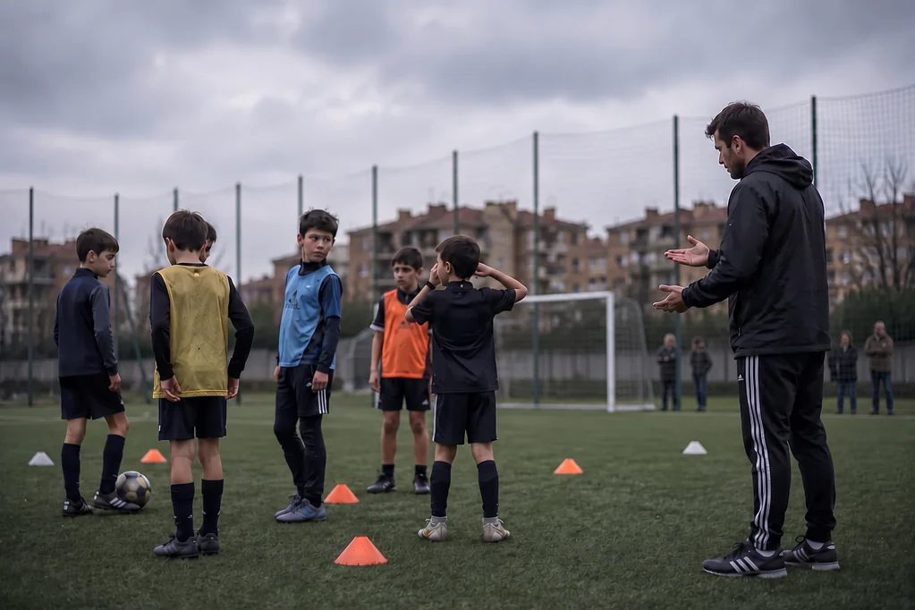 Ragazzi fermi in campo che aspettano mentre l&rsquo;allenatore decide cosa fargli fare, e in fondo i genitori che guardano